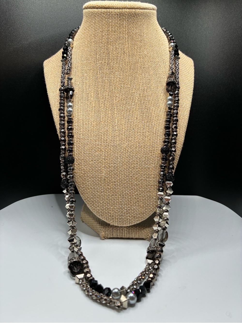 Vintage Long single Strand Black Metal and Silver Beaded Necklace